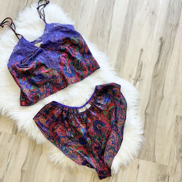 gold label Victoria Secret Vintage Satin Lingerie Set Paisley Lace Medium - Picture 1 of 7